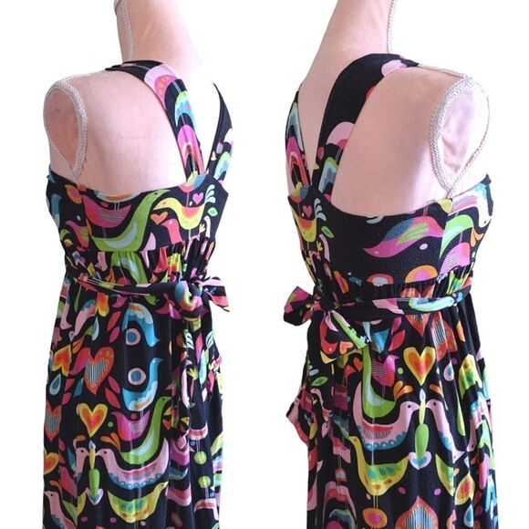 VTG 90s Black Colorful Birds Folk Art Print Sleeveless Halter Maxi Dress Small - Picture 15 of 17
